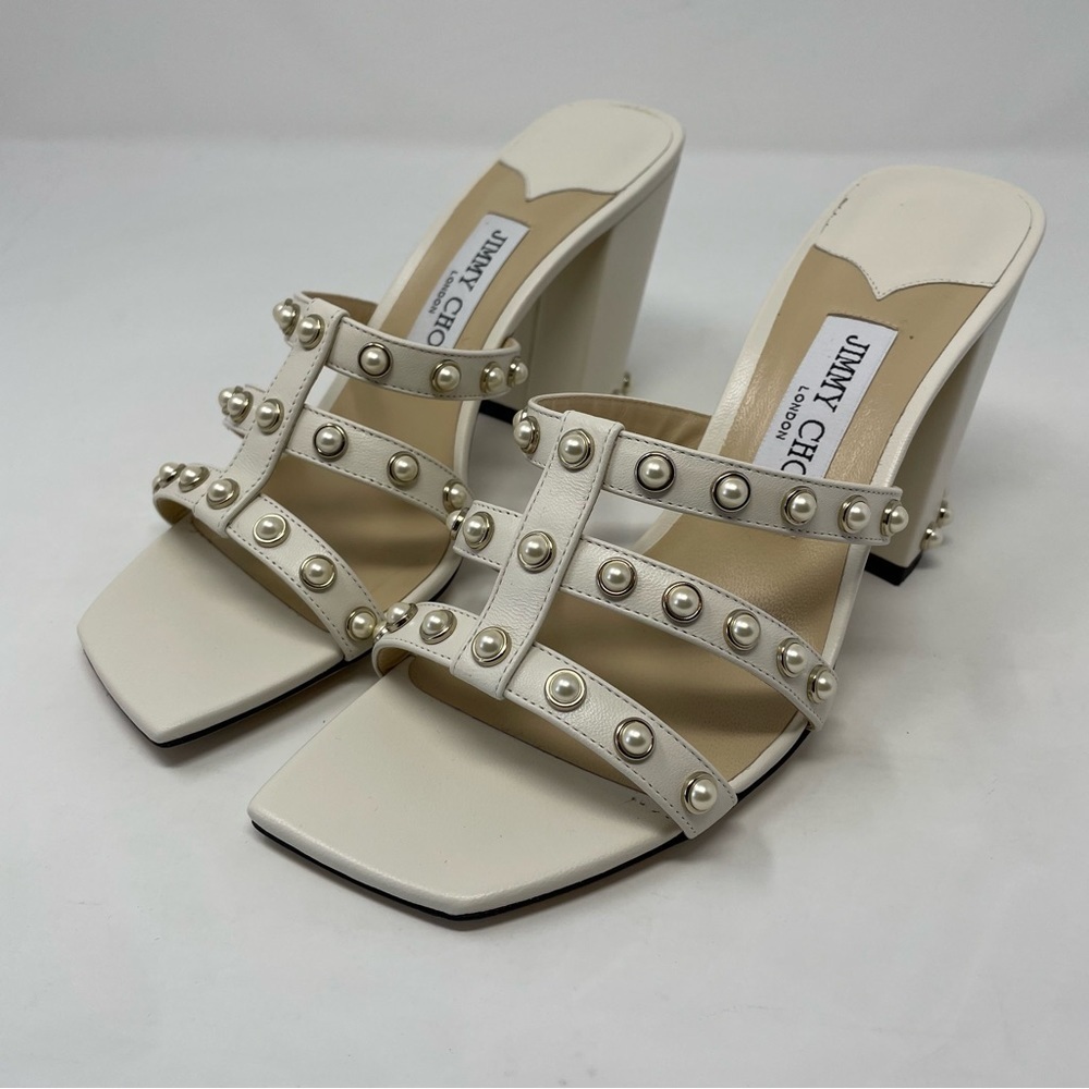 Nib JIMMY CHOO HAZAL 85 LATTE NAPPA CAGED MULES WITH PEARL STUDS IN CREAM - Picture 9 of 13